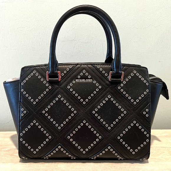 MICHAEL Michael Kors Handbags - Michael Kors Selma Silver Diamond Grommet Leather Shoulder Bag/Satchel  …